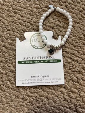 White Bead Bracelet with Emerald Crystal Charm - May Birthstone
